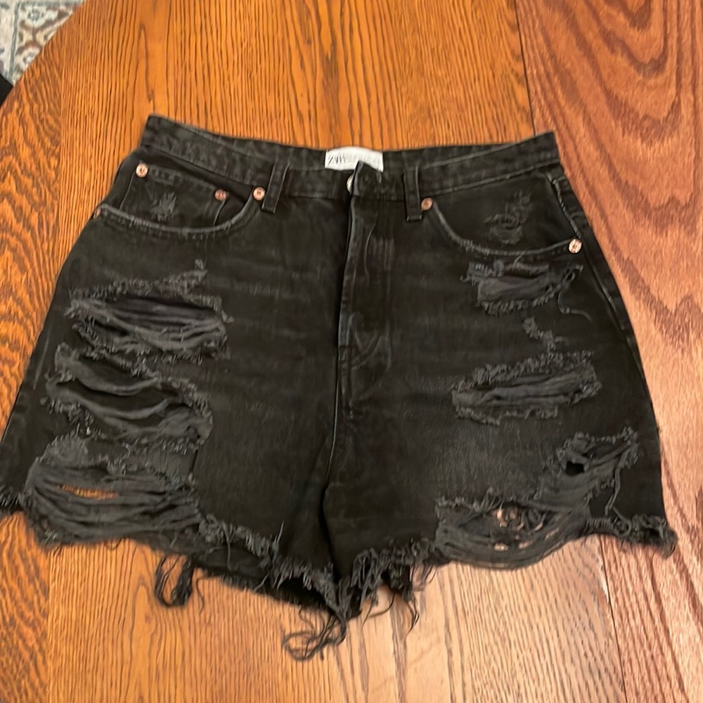 Zara black denim high waisted distressed shorts